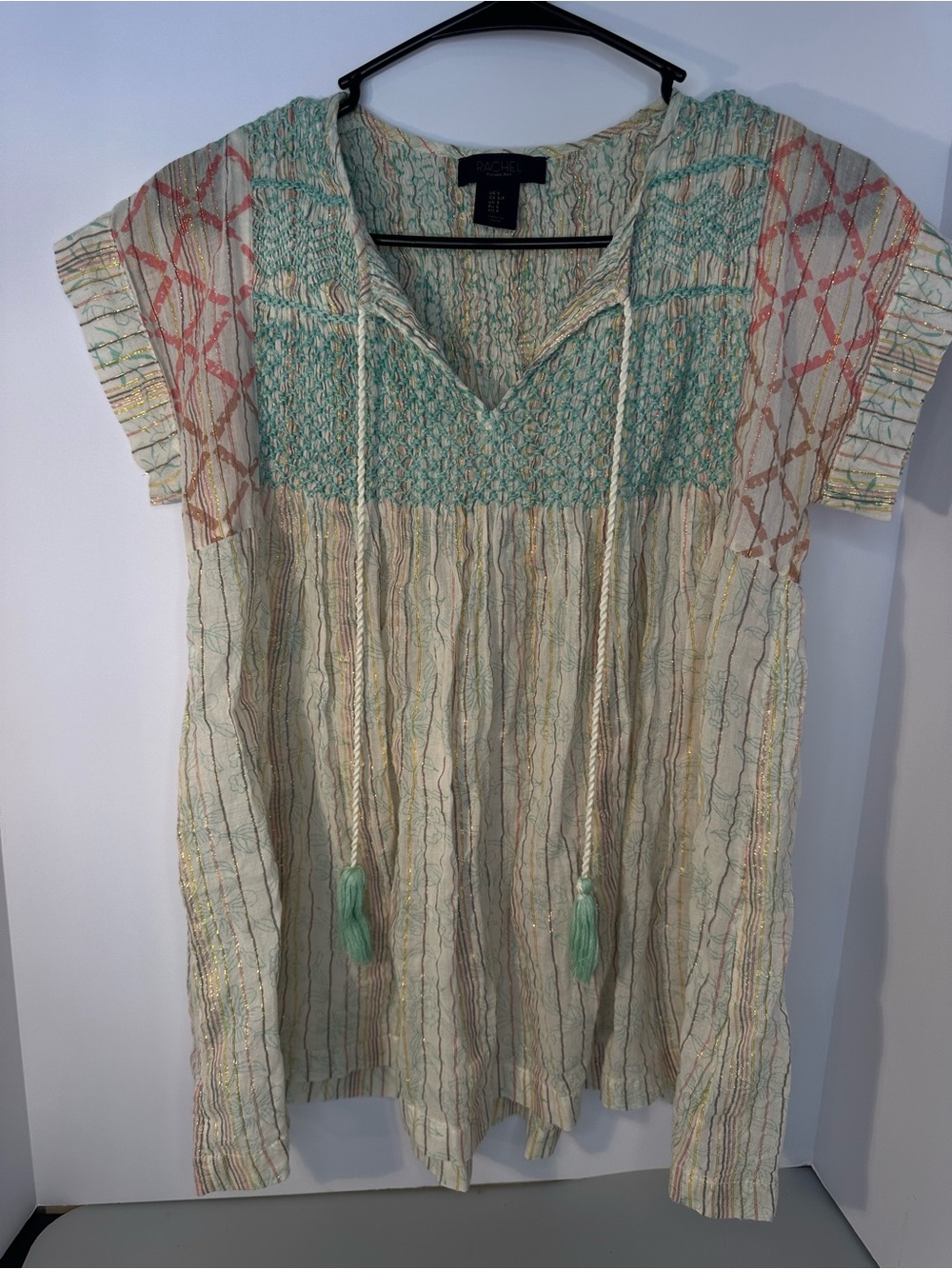 RACHEL Rachel Roy Cream Tunic with Mint smocked bodice and Coral Accents